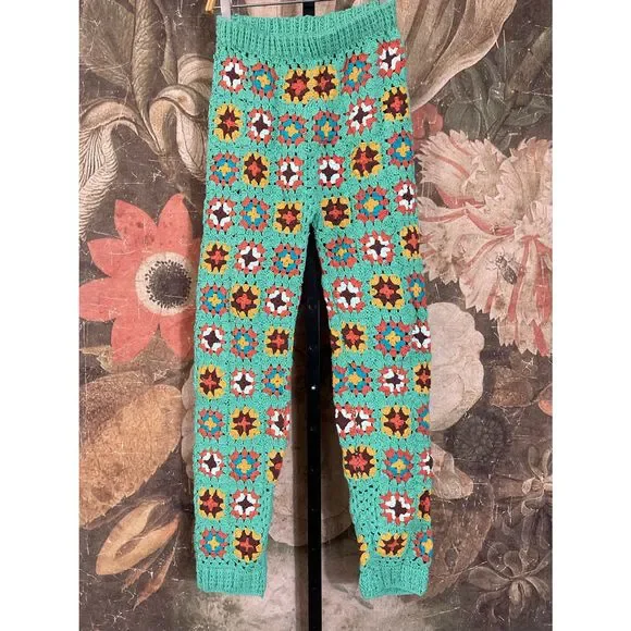 New Free People x FLOOK Claire Crochet Leggings In Green Combo sz XS - Picture 2 of 4